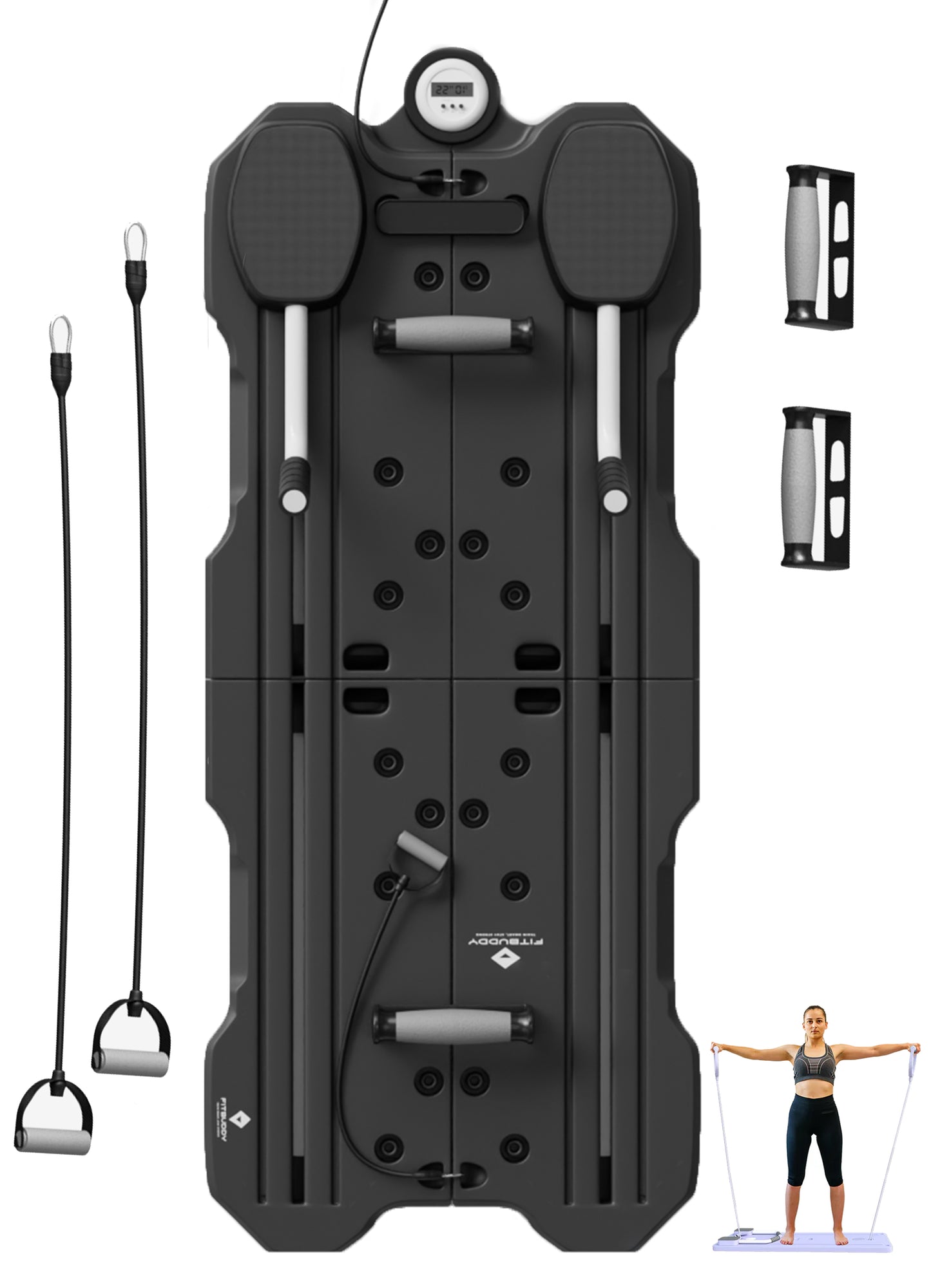 FitBuddy Pilates Reformer Board – Multifunctioneel Buikspier Oefenbord met Stopwatch, Verstelbare Hoeken, Handvaten met Helastiek, Klikkers en Trainingsmatje