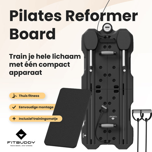 FitBuddy Pilates Reformer Board – Multifunctioneel Buikspier Oefenbord met Stopwatch, Verstelbare Hoeken, Handvaten met Helastiek, Klikkers en Trainingsmatje