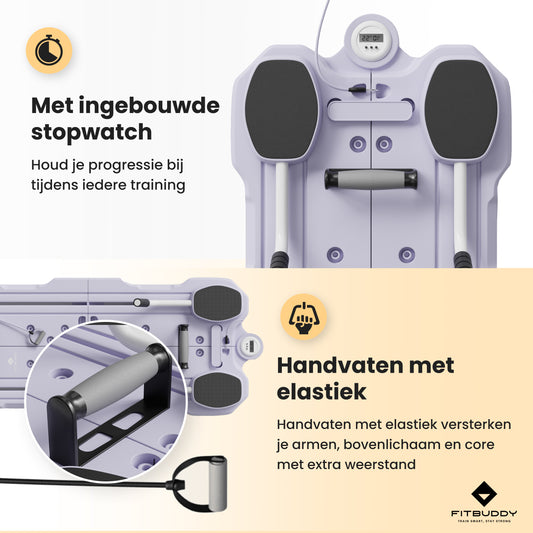FitBuddy Pilates Reformer Board – Multifunctioneel Buikspier Oefenbord met Stopwatch, Verstelbare Hoeken, Handvaten met Helistiek,