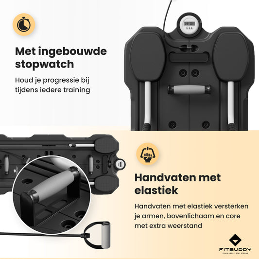 FitBuddy Pilates Reformer Board – Multifunctioneel Buikspier Oefenbord met Stopwatch, Verstelbare Hoeken, Handvaten met Helastiek, Klikkers en Trainingsmatje