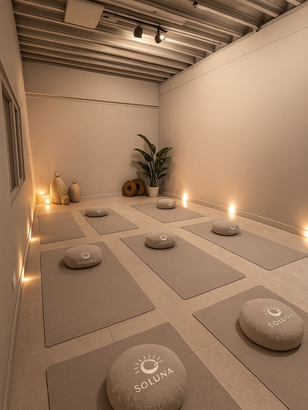 Yogamatten met Soluna-meditatiekussens in de studio in Soesterberg